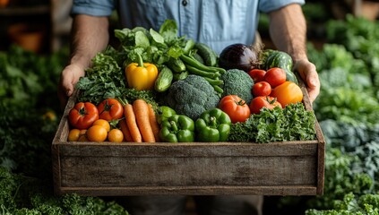 A farmer holds a crate overflowing with fresh organic vegetables at a vibrant market
