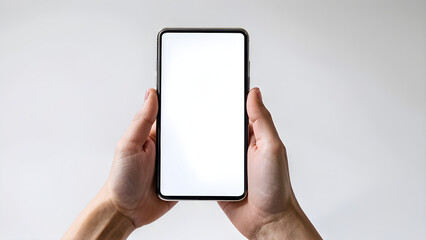 hands holding smartphone on white background, empty blank mockup, copy space, phone, banner, advertisement, commercial, promotion, ad, marketing, template, screen