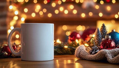 Cozy Christmas scene featuring a blank mug on a warm table adorned with Christmas lights, perfect for a holiday mockup.