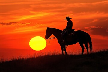 Cowboy On Horse. Silhouette of Rider and Horse at Desert Sunset