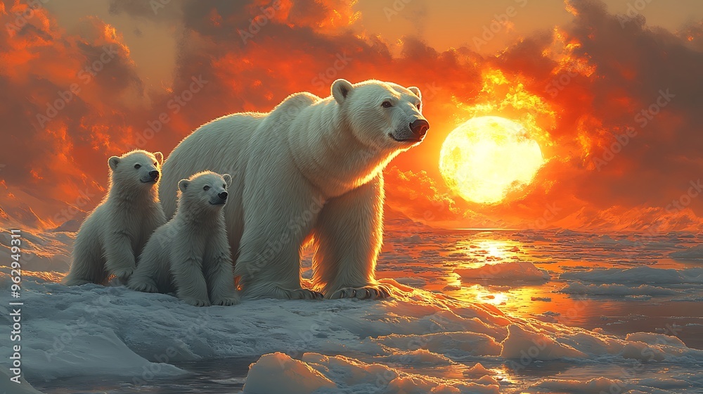 Wall mural a mother polar bear and her two cubs stand on a patch of ice in the arctic, watching the sunset.