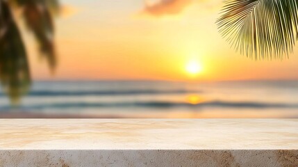 Polished stone countertop and blurred defocused tropical beachside bar background with golden hour sunlight, product montage display