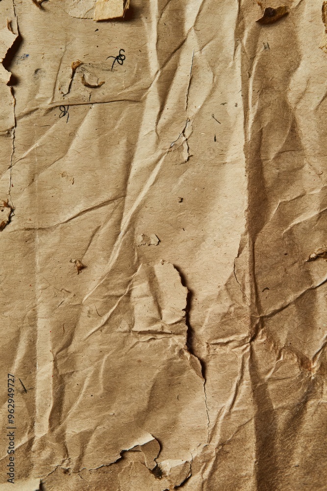 Poster Brown paper texture close-up. Crumpled recycled craft material with torn edges. Flexible surface reveals inner structure. Blurred background highlights paper natural texture and details.