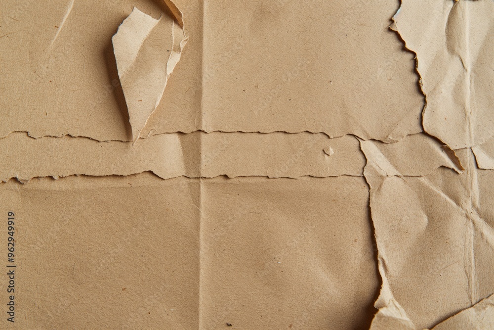 Poster Brown cardboard paper texture close-up. Crumpled recycled paper torn edges frayed surface. Eco-friendly craft material background blurred out. Perfect for DIY projects and sustainable design concepts.