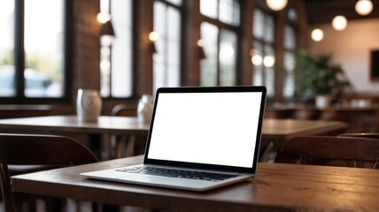 Blank screen laptop mockup on cafe