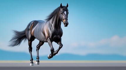 Fototapeta premium A majestic black horse gallops gracefully against a clear blue sky, showcasing strength and beauty in motion.