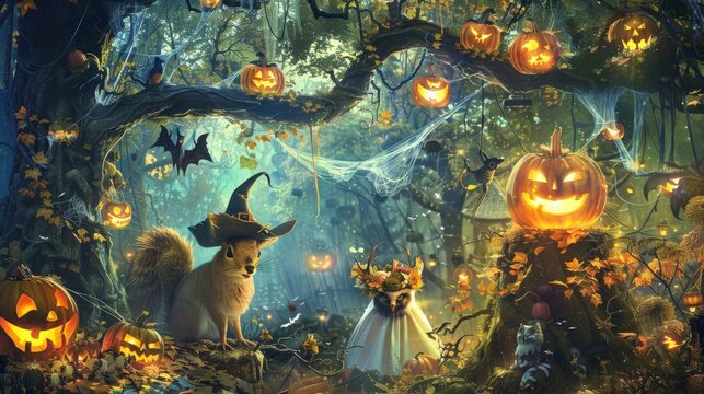 A charming forest scene with animals in Halloween costumes, including a pirate squirrel, ghostly deer, and witchy owl, enhances the festive spirit.