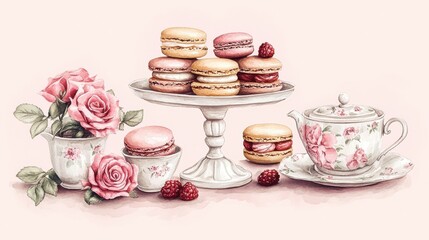 Fototapeta premium Watercolor illustration of British afternoon tea,tea break in the English style,tea set with Afternoon tea stand with macaroons and scone,cake,cup of tea,Tea time dessert table,vintage style.
