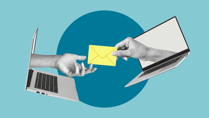 Message on a computer concept. Hand with a letter from a laptop and hand reaching for the letter....