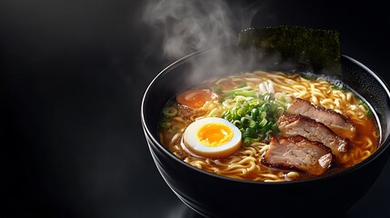 Fototapeta premium A high-definition image of a traditional Japanese ramen bowl, filled with steaming noodles, broth, and toppings like pork, egg, and green onions, placed on an isolated background with space