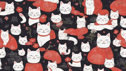 Hand drawn Japanese style seamless cat pattern