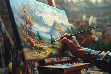 Cyborg hand holds paintbrush applying vibrant colors to canvas landscape featuring mountain range trees river. Blurred garden flowers background. Artist creative process studio workshop concept art.