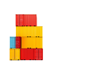 Multiple colorful shipping containers stacked against a white background, representing logistics and global trade.