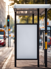 empty billboard at bus stop, white mockup at crossing, transport, urban environment, advertising space, street, banner, marketing, promotion, poster, ad