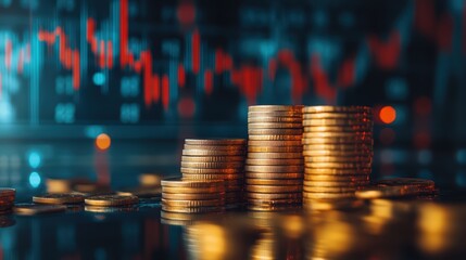 Stacks of gold coins with a background of financial trading graphs