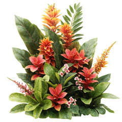 Lush Tropical Foliage Cluster with Vibrant Flowers on Clean White Background