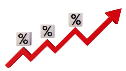3d rendering of a red arrow pointing up and cubes with percentage symbols, suggesting something related to percentages, such as interest rates, inflation, or returns on investment.