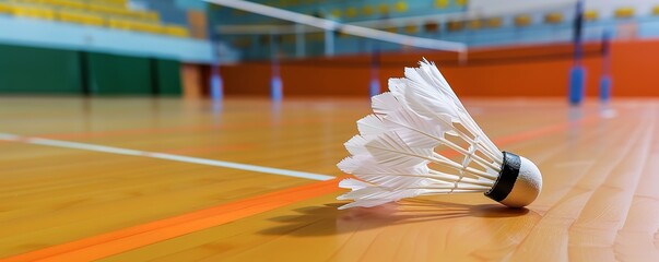Close up of a white badminton shuttlecock on a wooden court. It is a popular sport enjoyed by many people worldwide.