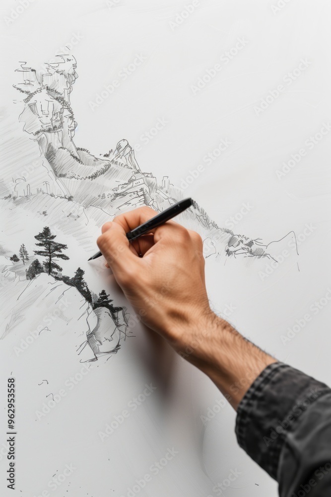 Fototapete cyborg hand draws mountain landscape on white canvas with black pen. hand holds brush, sketching dyn