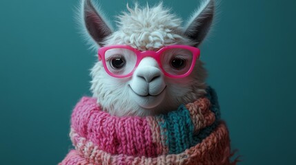 Fototapeta premium Cute Llama in Pink Glasses and Colorful Scarf Generative AI