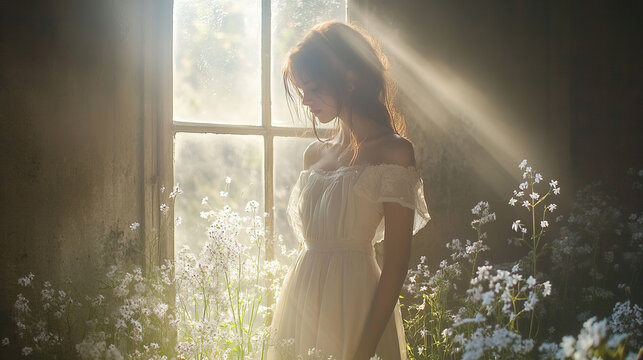 The rays of light gently touch a girl in a light dress standing by the window. The flowers around add romance to the frame, creating a sense of a fabulous world.