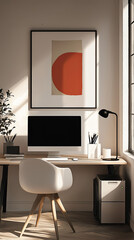 A Minimalist Workspace: Sunlight Streams Through a Window Illuminating a Desk with a Computer, a White Chair, and a Geometric Artwork, Creating a Serene and Productive Atmosphere.