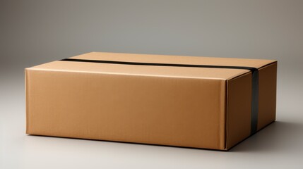 Brown cardboard box with black ribbon on white background.