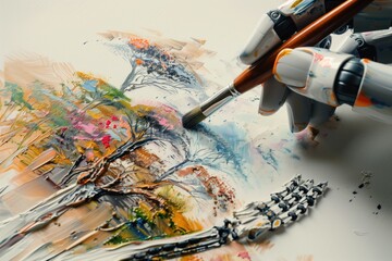 Cyborg hand holds paintbrush, creating vibrant landscape on canvas. Robotic arm fills white background with blue, green, orange hues. Tech meets art in futuristic concept.