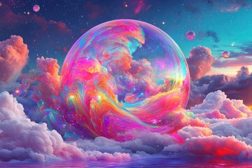 Naklejka premium Colorful dream world with giant floating sphere in cloudy sky
