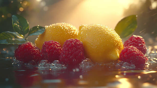 Raspberries and lemons resting on a water surface.