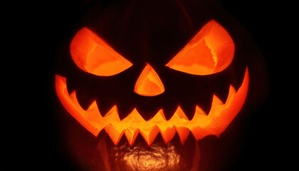 Fototapeta premium Eerie Glowing Jack-o'-Lantern with Menacing Expression, Carved for Halloween, Illuminated from Within by Flickering Orange Light Against Dark Background, Symbolizing Spooky Festivities Haunted Nights