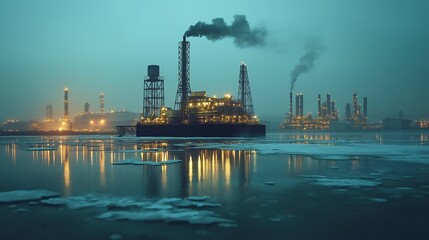Naklejka premium Industrial complex with tall smokestacks on a frozen river under a twilight sky.