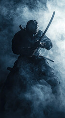 Fototapeta premium The Silent Assassin: A Ninja's Shadow Blends With Smoke, Sword Poised in the Gloom.