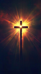 Naklejka premium A radiant cross bathed in golden light, a symbol of hope and faith, shines brightly against a dark, starry sky.
