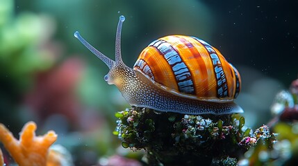 A close-up of a colorful snail with its antennae extended, perched on a green moss-covered rock.