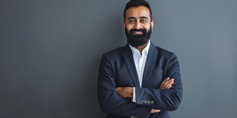 Fototapeta premium Happy mid aged business man ceo standing in office arms crossed Smiling mature confident professional executive manager proud lawyer confident businessman leader wearing blue suit port