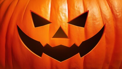 Close-Up of a Bright Orange Jack-O'-Lantern with a Carved Smiling Face Illuminated by Soft Lighting, Perfect for Halloween Themed Designs and Decorations. Spooky Banner Wallpaper with Copy Space 