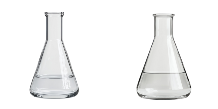 Two clear laboratory flasks filled with liquid, ideal for science, chemistry isolate on transparent background, png, cutout