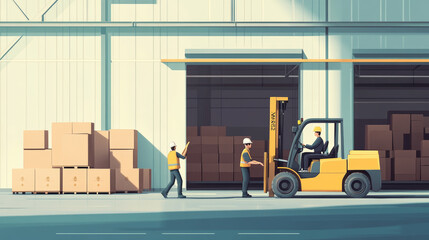Workers unloading packaging boxes in a warehouse with a forklift. 