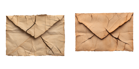 Two vintage, crumpled envelopes with yellows and browns isolate on transparent background, png ,cutout