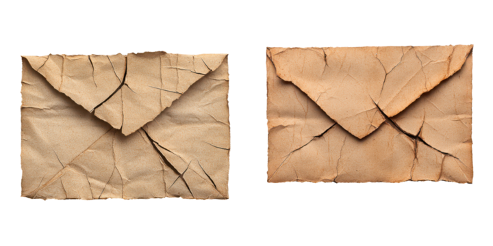 Two vintage, crumpled envelopes with yellows and browns isolate on transparent background, png ,cutout