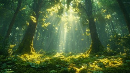 Sunlight shining through trees in magical forest