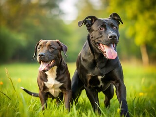 A black labrador retriever and a pit bull mix frolic together in a lush green field, their tails