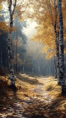 Fototapeta premium Sunlight shining through fog and golden autumn birch trees