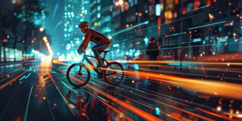 A cyclist rides at night on a wet street, with light trails emphasizing speed and urban setting