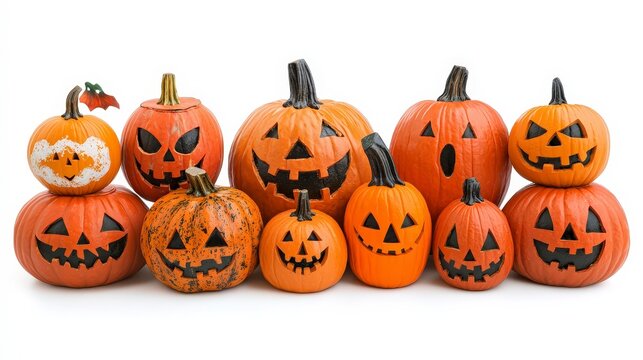 A row of nine jack-o'-lantern pumpkins with various carved faces, isolated on white background.