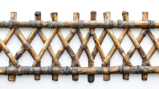 Bamboo fence with crisscross pattern forming diamond shapes on white background