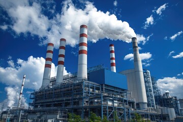 Obraz premium Industrial power plant releasing smoke from chimney into blue sky