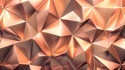 Fototapeta premium 3d render, abstract rose gold crystal background, faceted copper metallic texture, macro panorama, wide panoramic polygonal wallpaper.