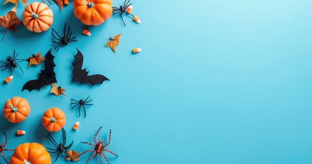 Halloween decoration with pumpkins, bats and spiders on blue background flat lay top view